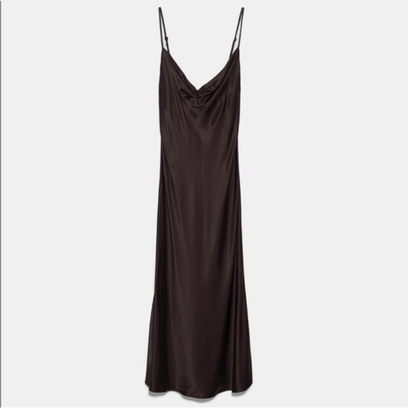 NWT ZARA SLIP DRESS satin brown chocolate 🍫 cowl neck MIDI XS 0 2 4 silky Y2K - Picture 2 of 8